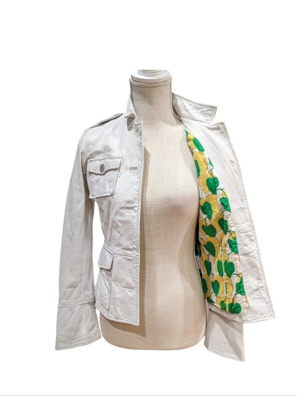 Tory Burch Cream Field Jacket with Yellow & Green Leaf Lining